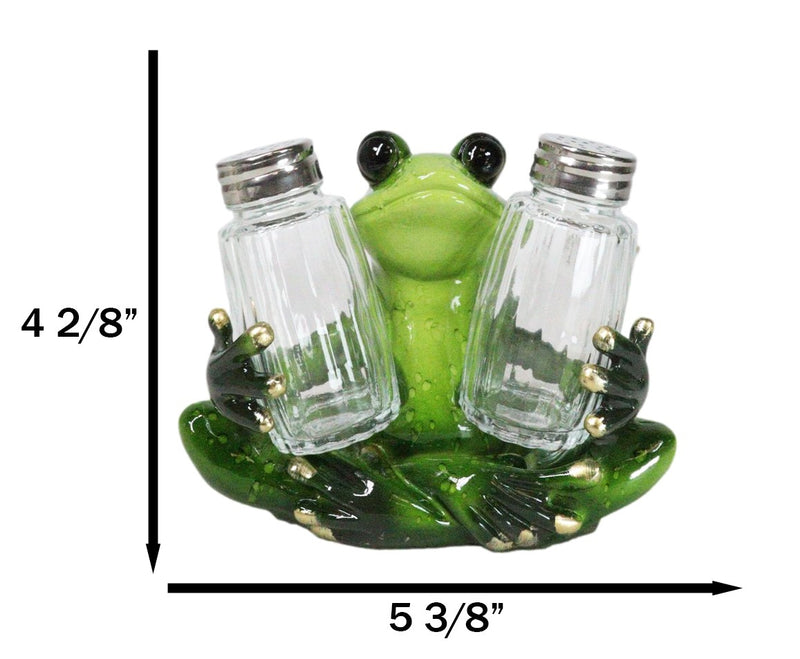 Green Tree Frog Toad Meditating Glass Salt Pepper Shakers Holder Figurine Set