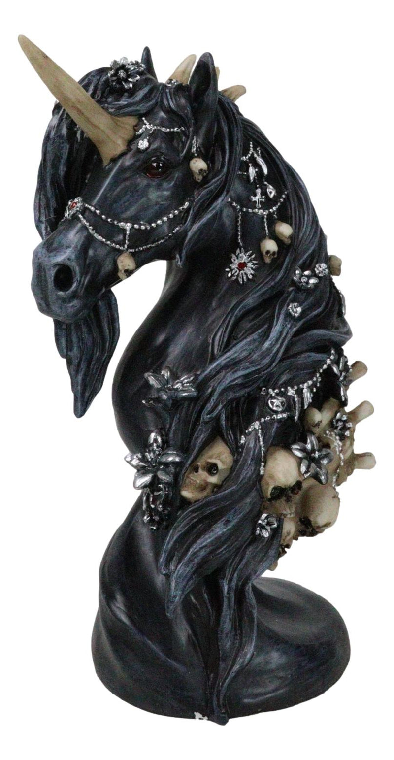 Macabre Black Dark Unicorn Horse With Skeleton Bones And Skulls Bust Figurine