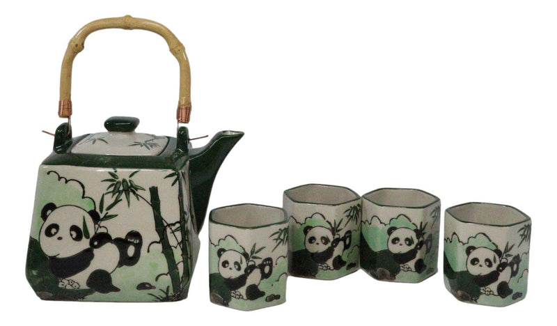 Green Bamboo Lucky Panda Bear Ceramic Hexagonal Teapot With 4 Tea Cups Set