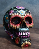 Black Day of The Dead Colorful Floral Blooms Sugar Skull Macabre Figurine 6"L