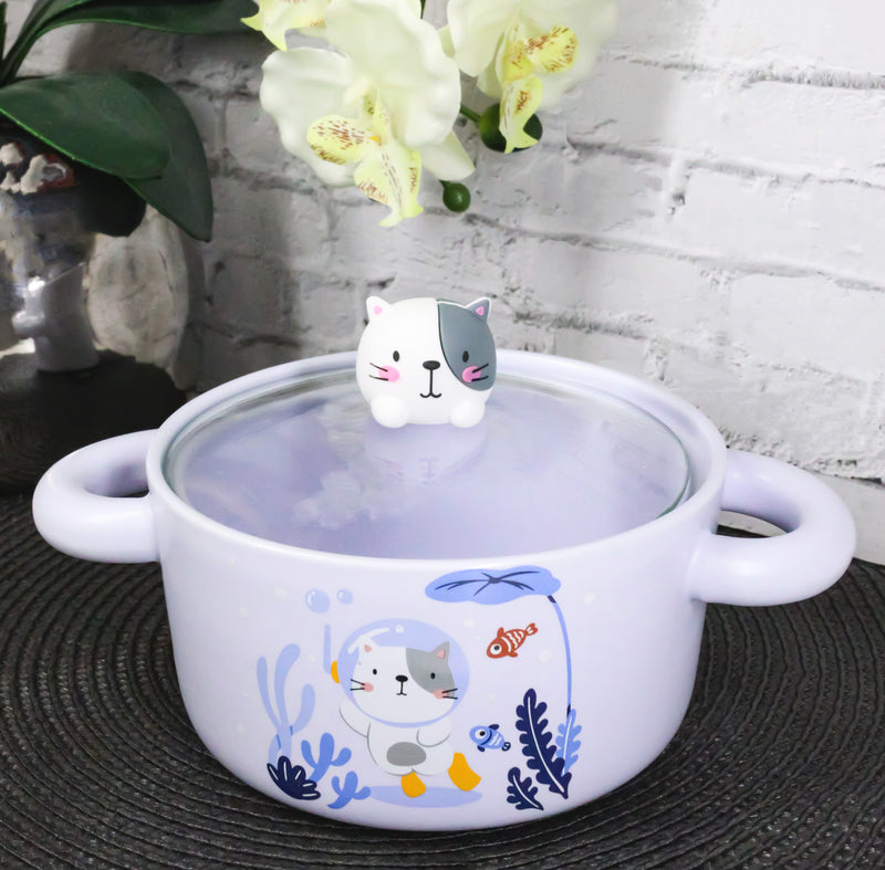 Ceramic Lilac Calico Cat Sea Diver 30oz Noodle Dessert Food Bowl W/ Glass Lid