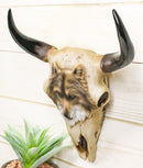 Rustic Western Tribal Buffalo Bull Cow Skull With Gray Wolf Carving Wall Decor