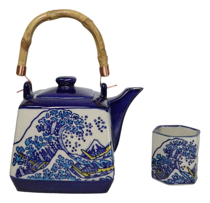 Blue White Great Wave Of Kanagawa Hokusai Hexagonal Teapot With 4 Tea Cups Set