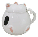 Whimsical White Chubby Feline Kitty Cat Cup Mug With Lid And Stirring Spoon