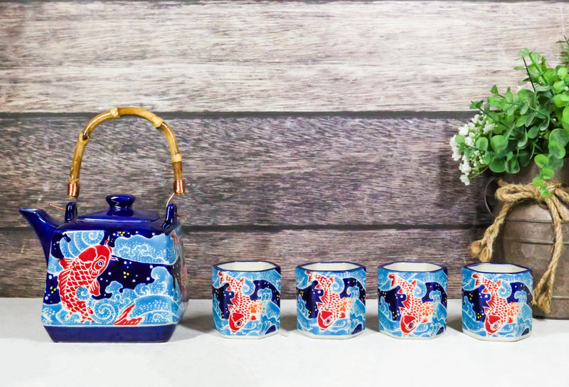 Auspicious Red Koi Fishes In Blue Waters Hexagonal Teapot With 4 Tea Cups Set