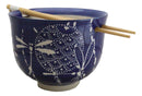 Auspicious Blue Tombo Dragonfly Ceramic Donburi Ramen Bowl With Chopsticks Set