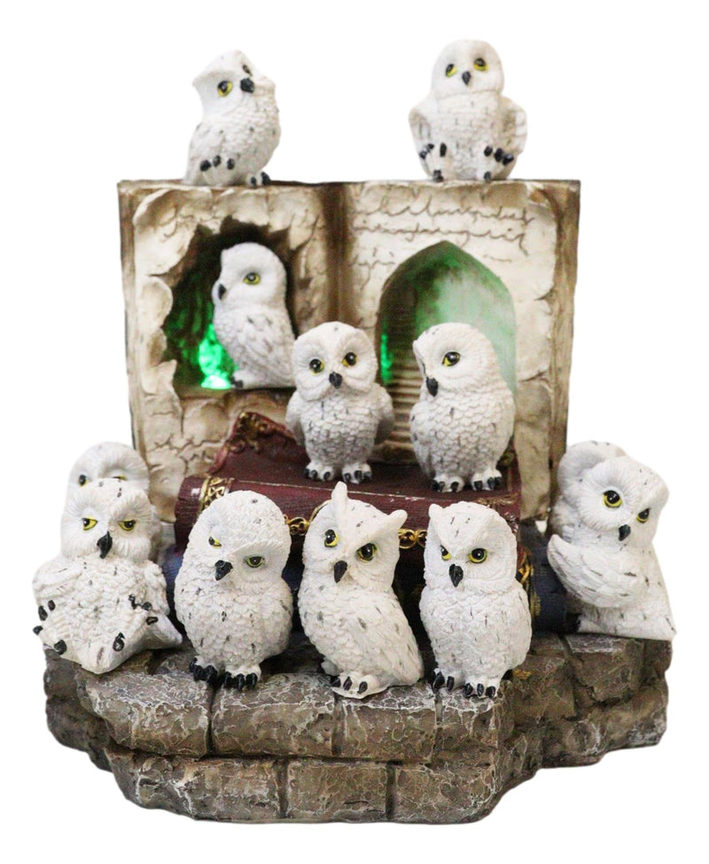 12 Mini Snow White Owls On Pentagram Spell Books With Secret Caverns LED Display