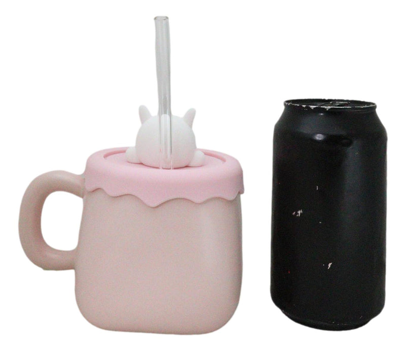 Bunny Rabbit Toadstool Mushrooms Pink Ceramic Mug With Silicone Lid And Straw