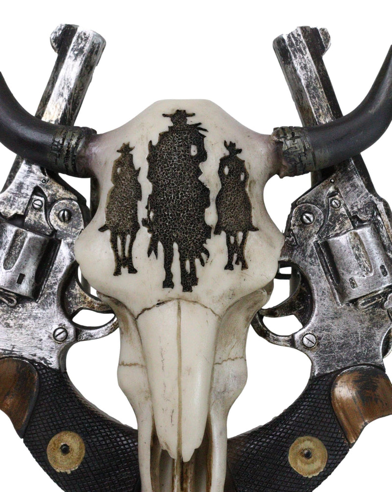 Rustic Western 3 Cowboys On Horses Cow Skull With Dual Pistols Wall Decor Plaque