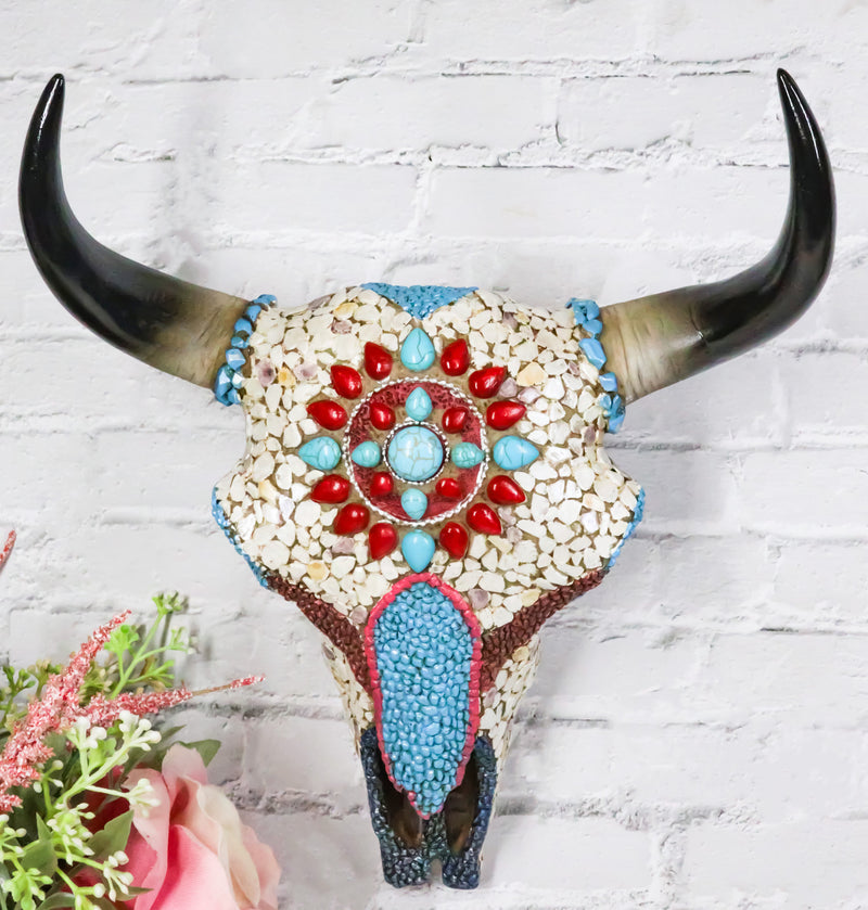 10"H Turquoise Red Teardrop Gems Mosaic Southwest Steer Cow Skull Wall Decor