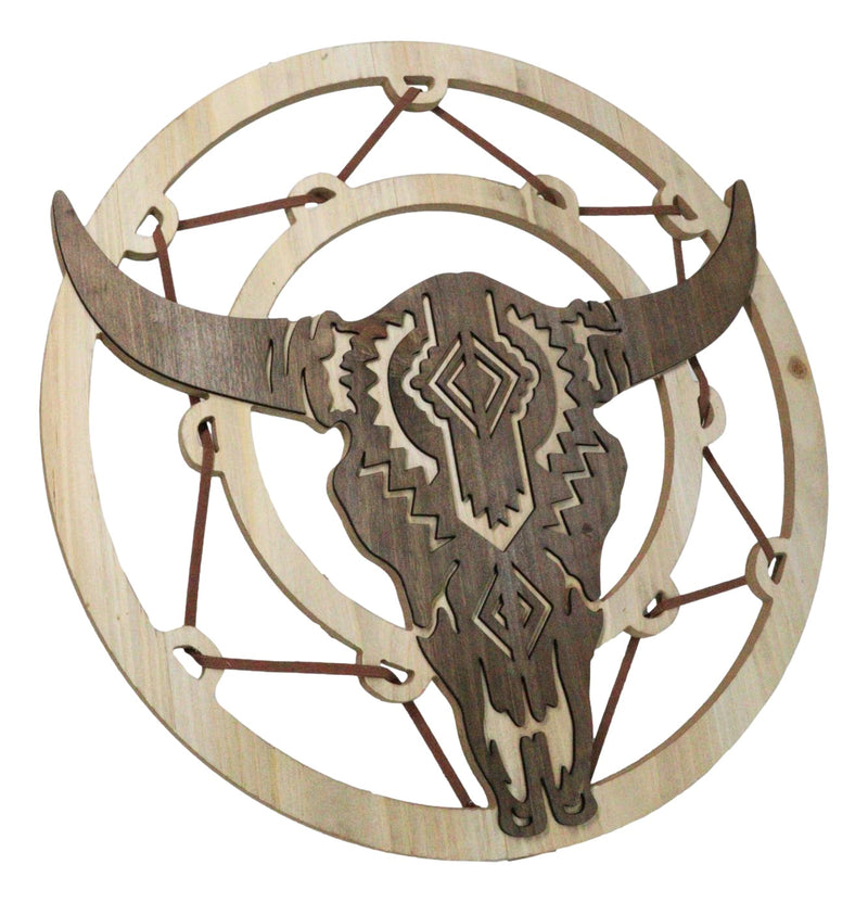 Rustic MDF Wood Buffalo Cow Skull Dreamcatcher Web Circle Wall Decor Plaque