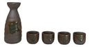 Glazed Ceramic Abstract Clay Brown Japanese Sake Tokkuri Flask And 4 Cups Set