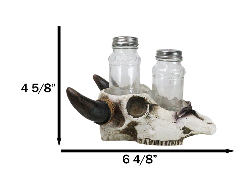 Rustic Western Cow Skull With Roped Horns Salt Pepper Glass Shakers & Holder Set