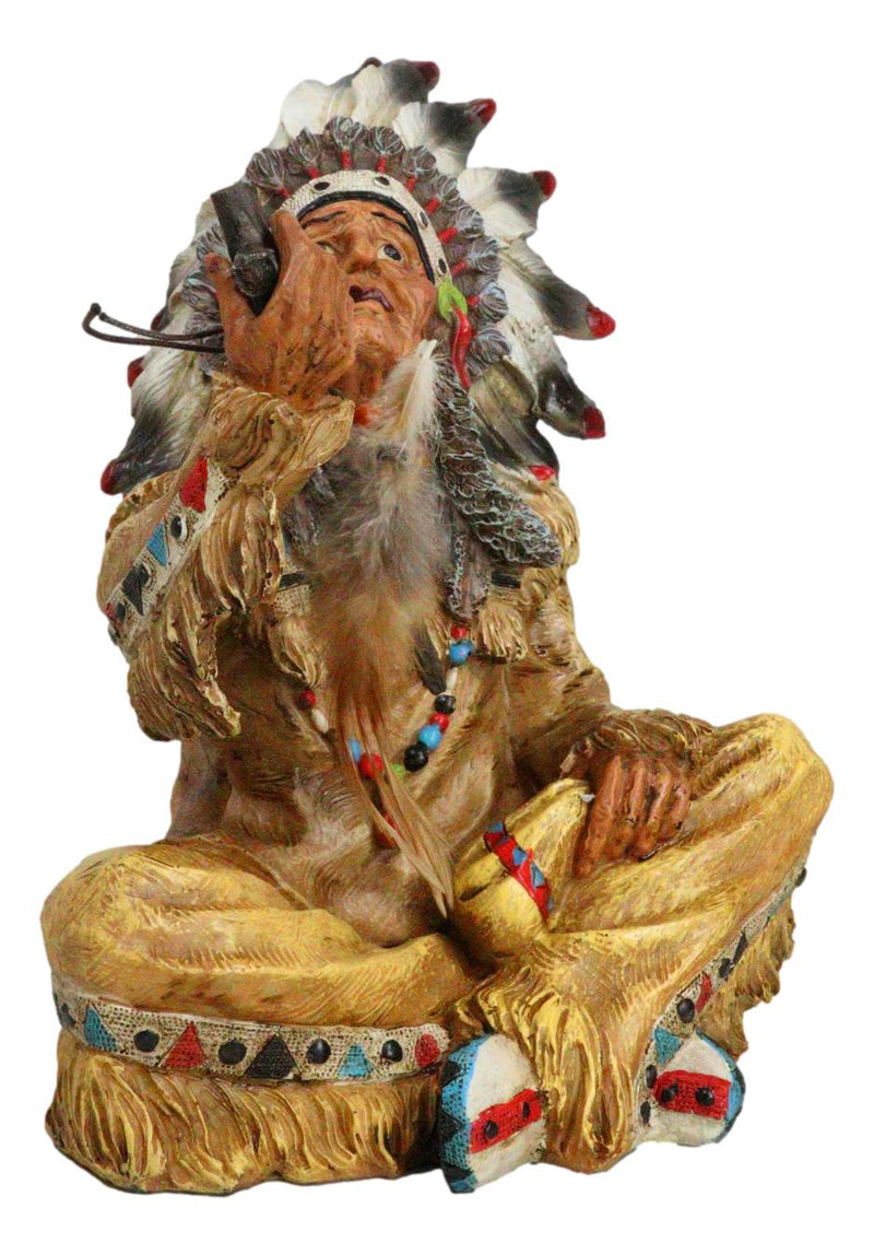 Tribal Indian Tribal Chief With Headdress Roach Smoking Peace Pipe Figurine