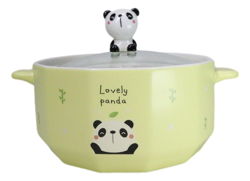 Ceramic Yellow Lovely Panda 30oz Noodle Dessert Food Bowl W/ Glass Lid