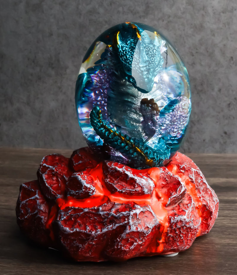 Blue Dragon In Acrylic Glass Egg With Aqua Crystals And LED Lava Rock Bases