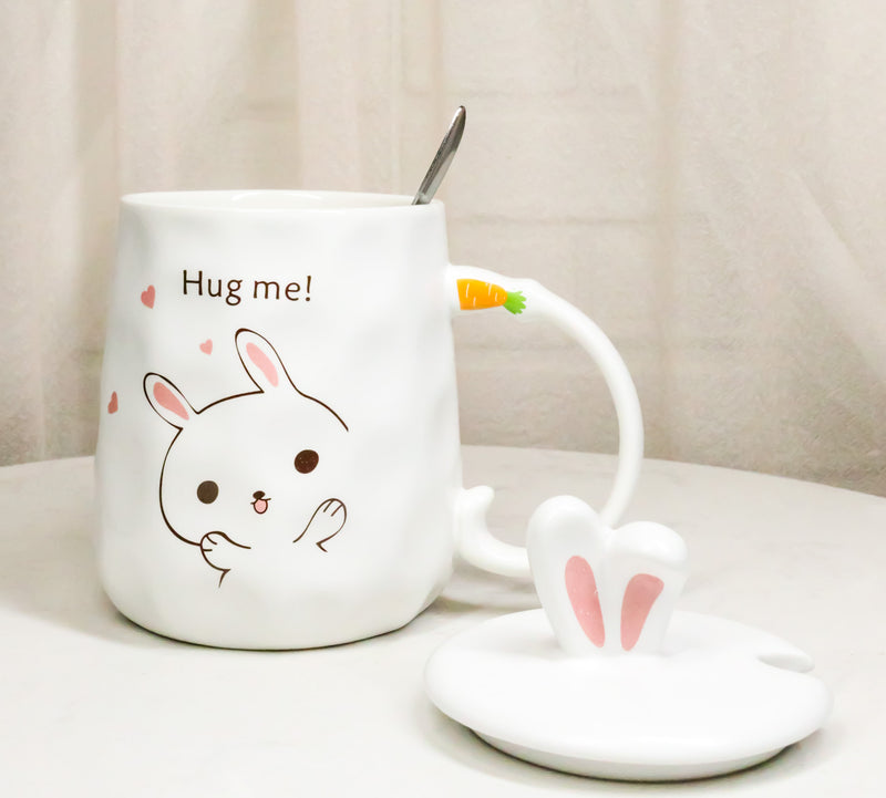 White Bunny Rabbit Hug Me Ceramic Mug With Bunny Ears Lid And Stirring Spoon