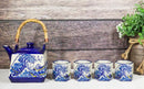 Blue White Great Wave Of Kanagawa Hokusai Hexagonal Teapot With 4 Tea Cups Set