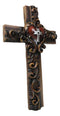 Rustic Carved Faux Wooden Floral Scrollwork With Red Heart Multi Tone Wall Cross