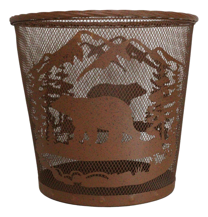 Rustic Black Bear By Pine Forest Mountains Metal Wire Waste Basket Trash Bin