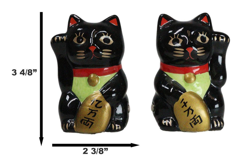 Black Lucky Fortune Japanese Maneki Neko Cats Ceramic Salt Pepper Shakers Set