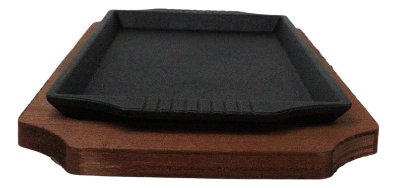 Personal Size Cast Iron Rectangular Fajita Steak Pan Skillet With Wood Trivet