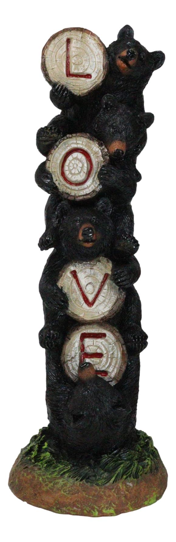 Rustic Forest Stacked Black Bear Cubs Holding Love Wood Slices Sign Figurine