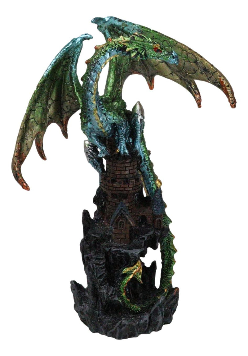 Metallic Green Dragon Perching On Rocky Mountain Stonewall Castle Tower Figurine