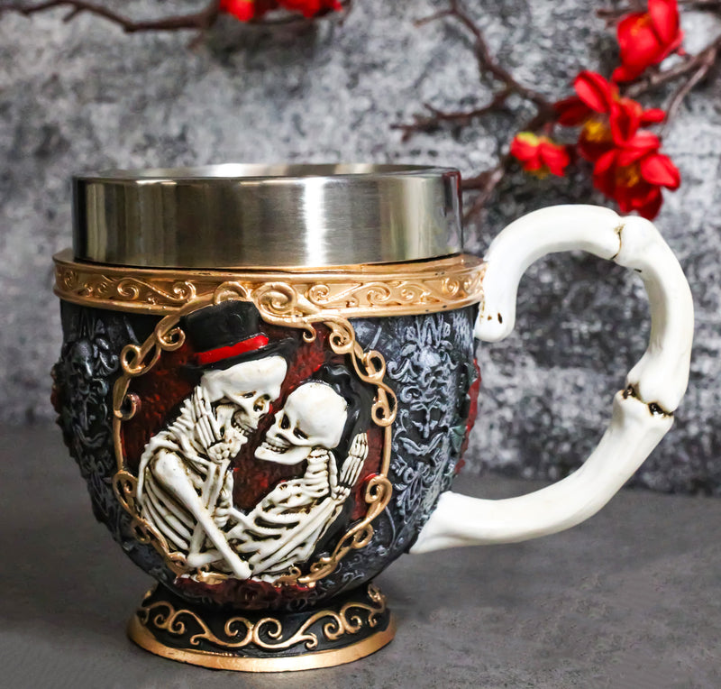 Cameo Skeletons Bridal Couple Love Never Dies Wedding Scrollwork Tea Cup Mug