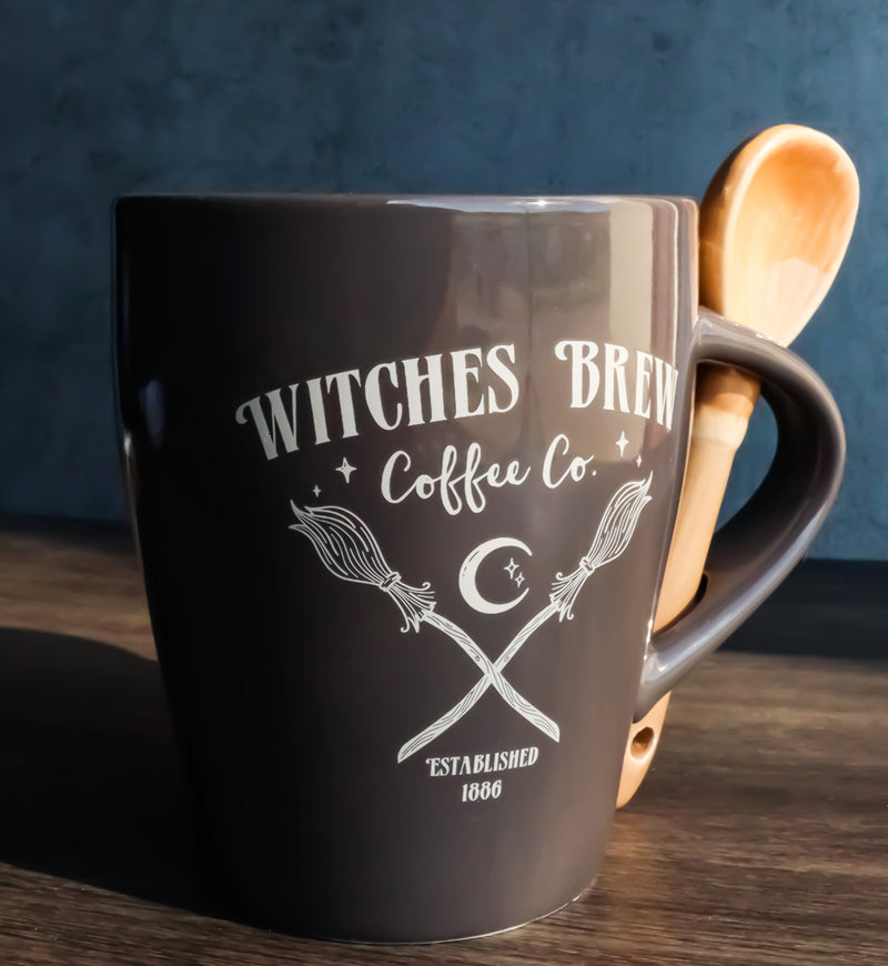 Wicca Sacred Moon Crossed Broomsticks Witches Brew Coffee Co Mug And Spoon Set