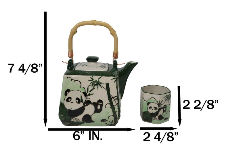 Green Bamboo Lucky Panda Bear Ceramic Hexagonal Teapot With 4 Tea Cups Set