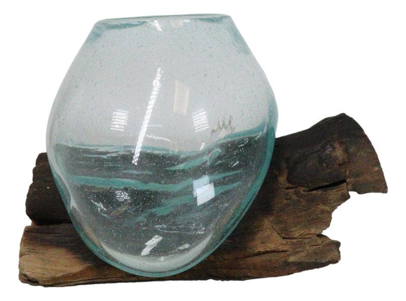 Balinese Handicraft Natural Driftwood With Fitted Hand Blown Decor Glass Bowl