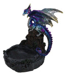 Purple Blue Dragon Perching On Stonewall Castle Ashtray Jewelry Dish Figurine