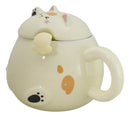 Whimsical Yellow Chubby Feline Kitty Cat Cup Mug With Lid And Stirring Spoon