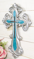 Southwestern Silver Fleur De Lis Scroll Art With Layered Turquoise Wall Cross