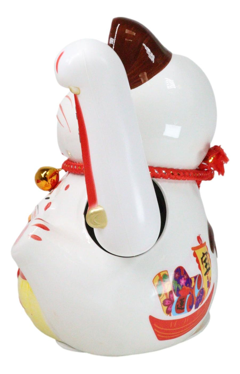 Japanese Lucky Charm White Beckoning Cat Maneki Neko With Waving Arm Figurine 9"