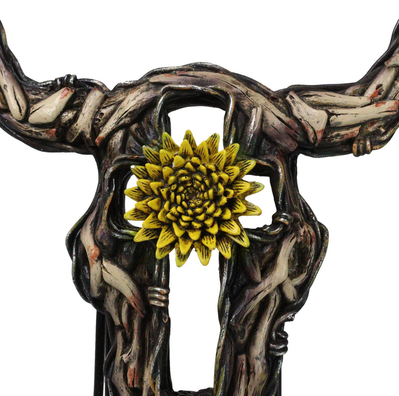 Rustic Buffalo Cow Skull With Yellow Flower And Cross Faux Wooden Wall Decor