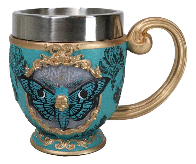 Wicca Turquoise Cameo Golden Lace Scroll Butterfly Moth Skull Tea Cup Mug