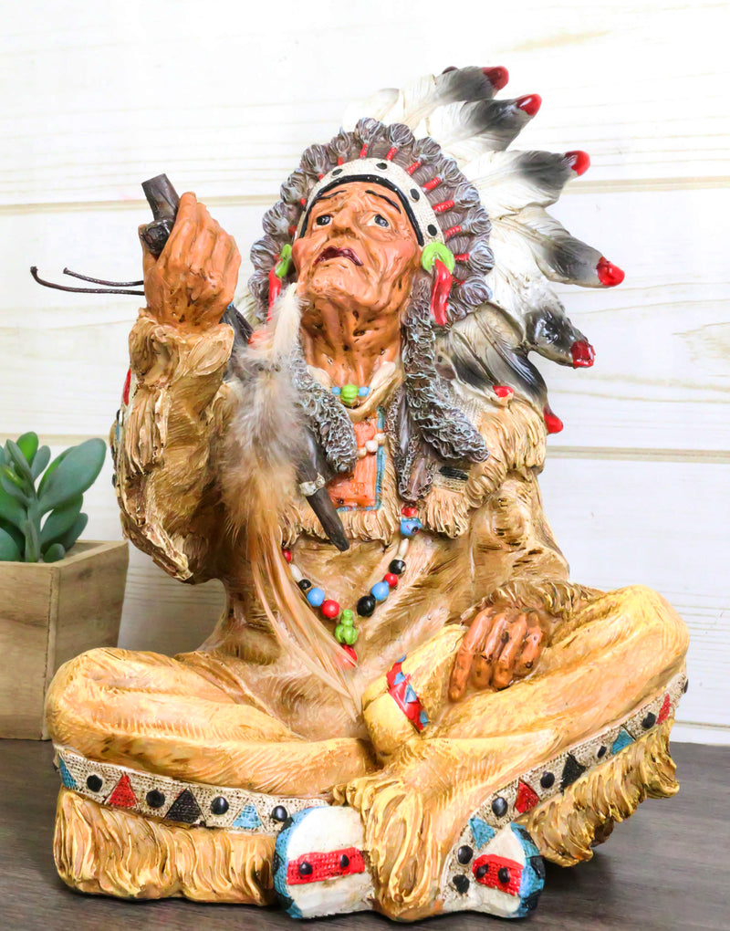 Tribal Indian Tribal Chief With Headdress Roach Smoking Peace Pipe Figurine