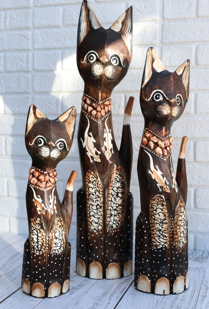 Balinese Wood Handicraft Gecko Tattoo Feline Cat Family Set of 3 Figurines 20"H