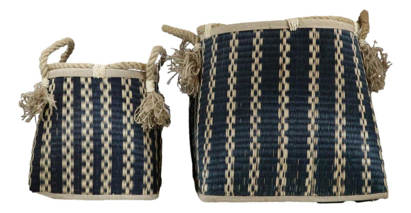 Black And Beige Open Hand Woven Seagrass Wicker Baskets With Handles Set of 2