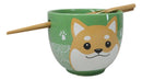 Green Japanese Shiba Inu Dog Ceramic Donburi Ramen Soup Bowl With Chopsticks Set