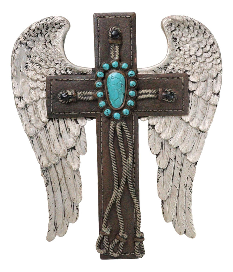 Southwest Angel Wings Braided Ropes Faux Leather Turquoise Stones Wall Cross