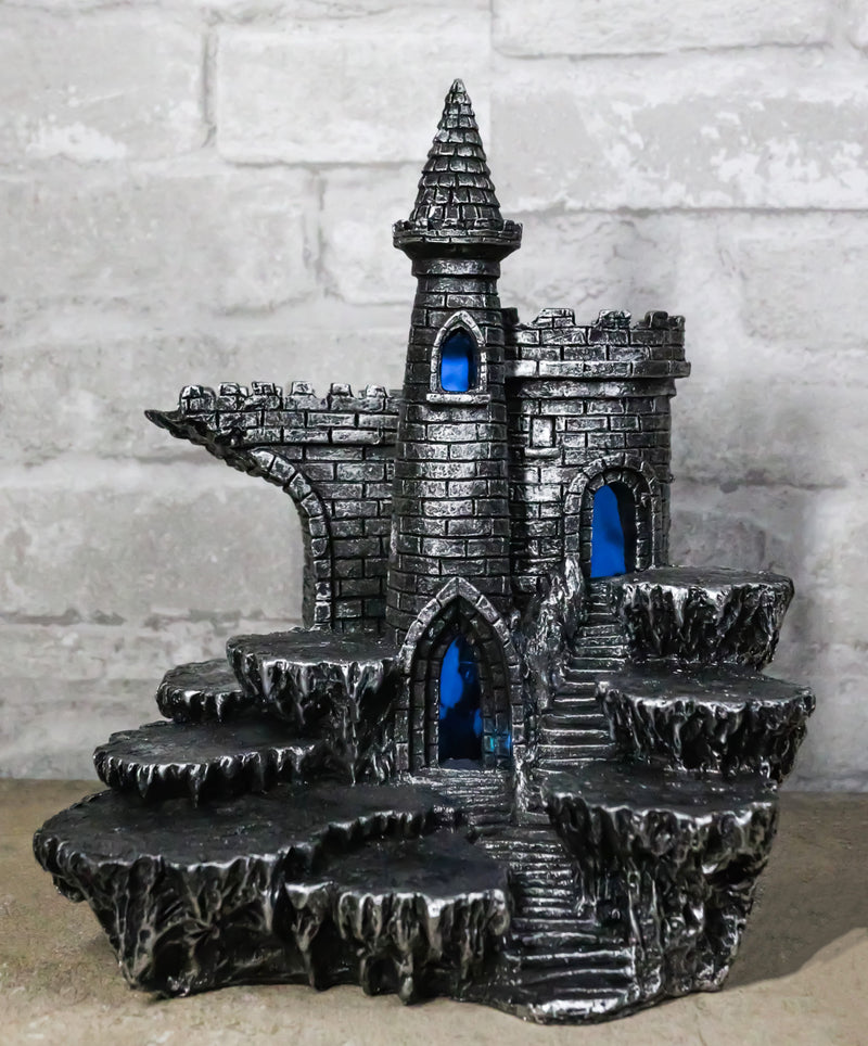 Medieval Stonewall Castle Fortress On Rock Steppes Display Stand W/ LED Figurine