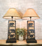 Set of 2 Rustic Western Black Bears In Forest Wood Metal Bedside Table Lamps