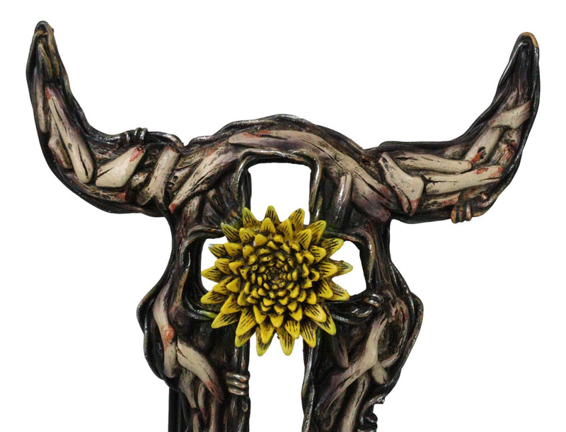 Rustic Buffalo Cow Skull With Yellow Flower And Cross Faux Wooden Wall Decor