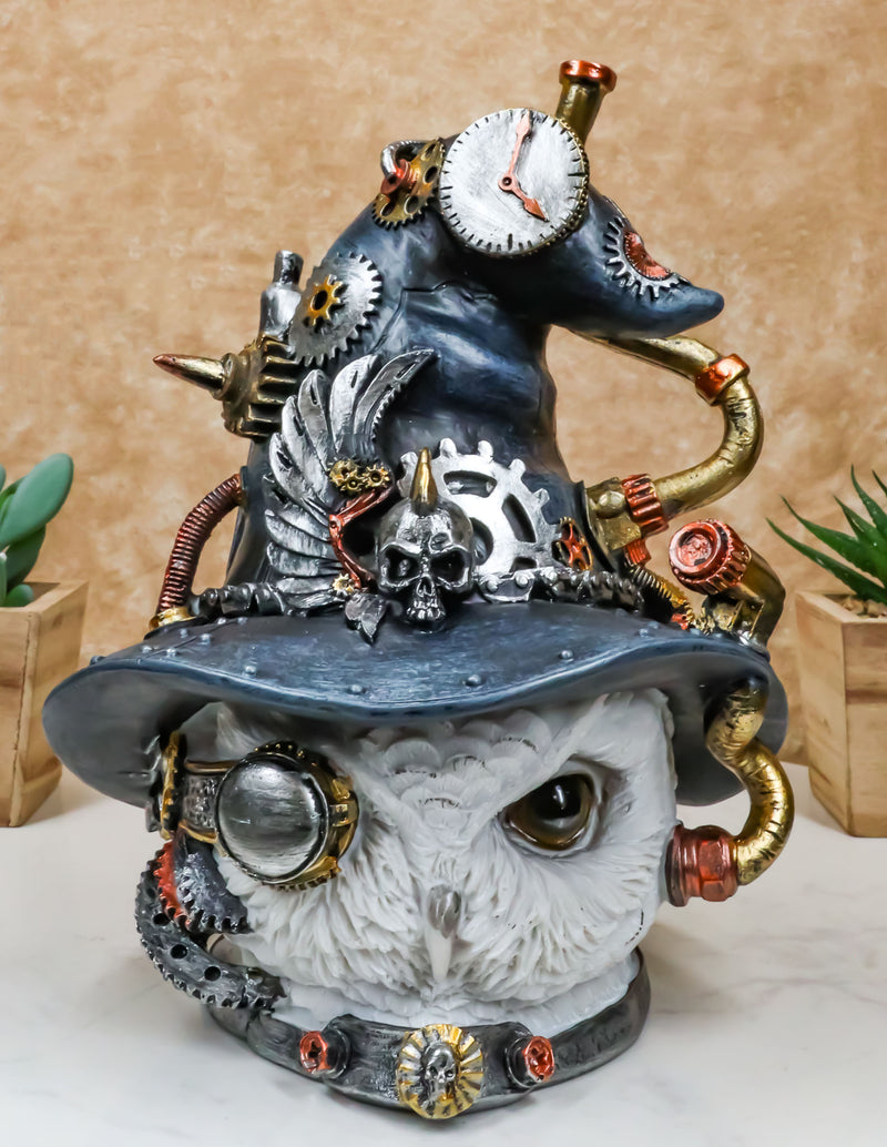 Geared Clockwork Pipes Valves Steampunk Owl With Winged Skull Witch Hat Figurine