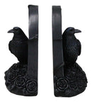 Dark Prophecy Raven Crow Perching On Black Roses Tombstone Figurine Bookends