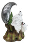 Winter Pine Forest Howling Snow White Wolf Mother And Cub With LED Moon Figurine