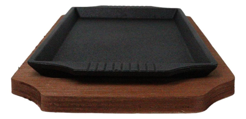 Personal Size Cast Iron Rectangular Fajita Steak Pan Skillet With Wood Trivet